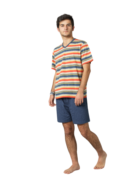 Pijama para Hombre algodón a Rayas Azul y Naranja