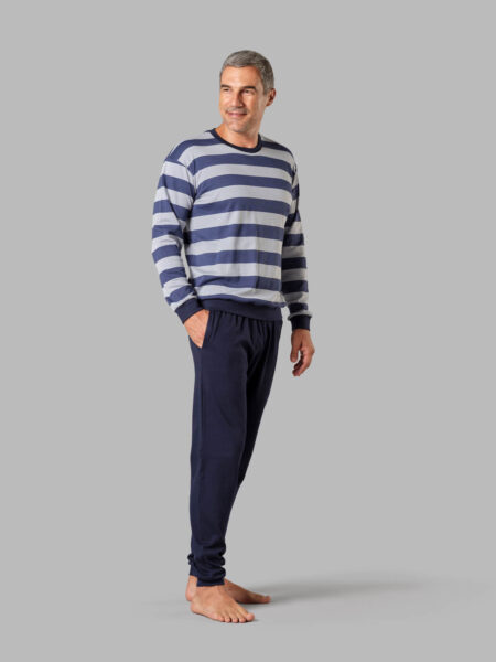 Pijama largo hombre de invierno gris y azul interlock 100% algodón