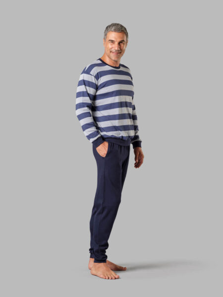 Pijama largo hombre de invierno gris y azul interlock 100% algodón