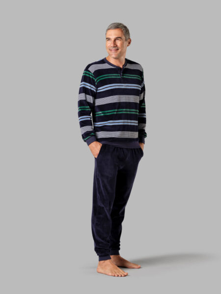 Pijama largo de terciopelo a rayas azul y verde para hombre