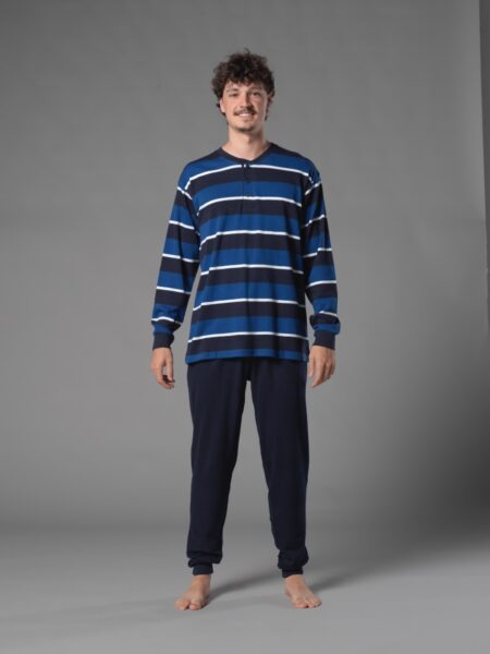 Pijama largo para hombre a rayas azul y negro