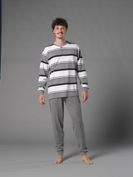 Pijama largo para hombre a rayas gris, blanco y negro