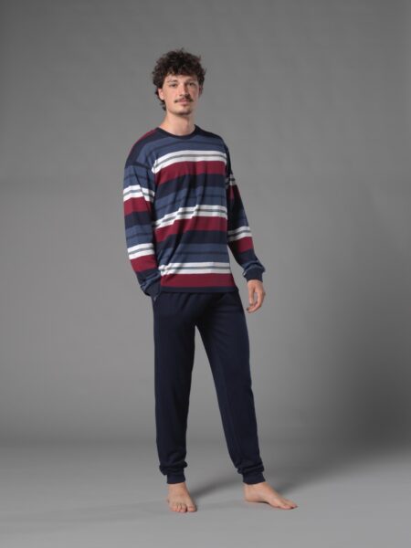 Pijama largo para hombre a rayas azul, rojo y negro