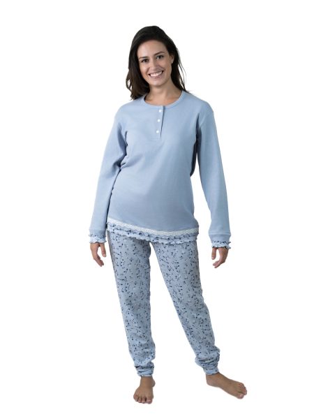 Pijama largo para mujer combinación de azules con detalles florales