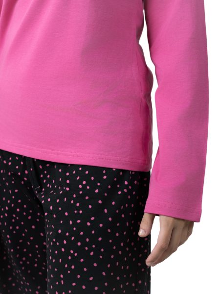 Pijama largo para mujer color rosa y negro con lunares