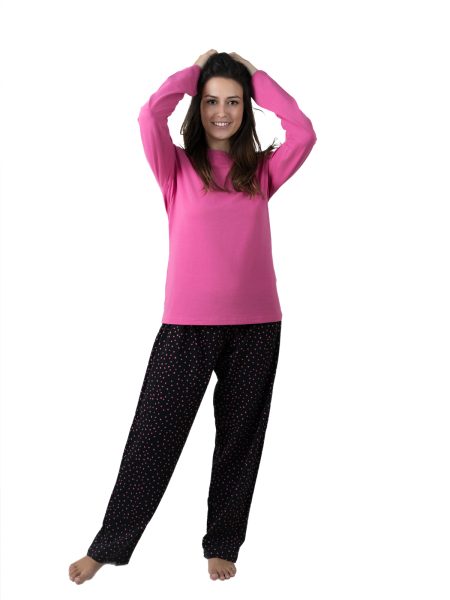 Pijama largo para mujer color rosa y negro con lunares