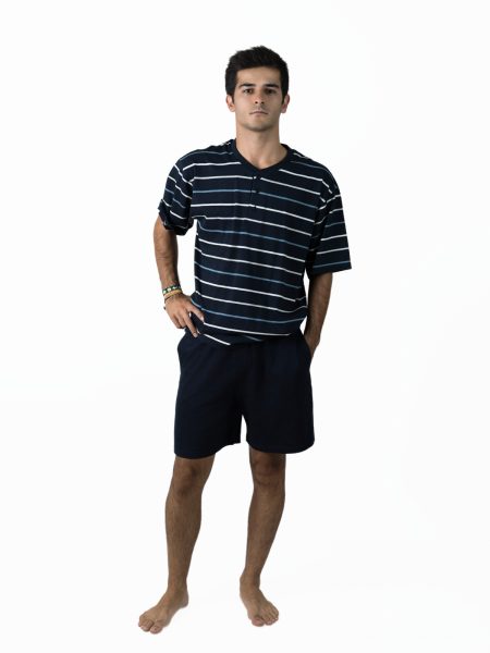 Pijama Hombre verano punto liso rayas marino M/Corta