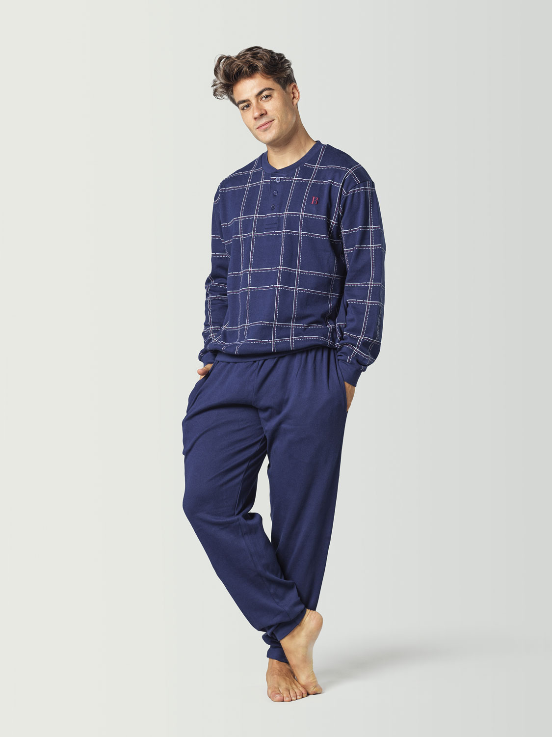 Pijama a cuadros con puños para hombre