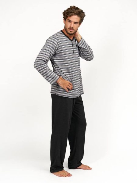 Pijama de algodón combinado rayas grises para entretiempo